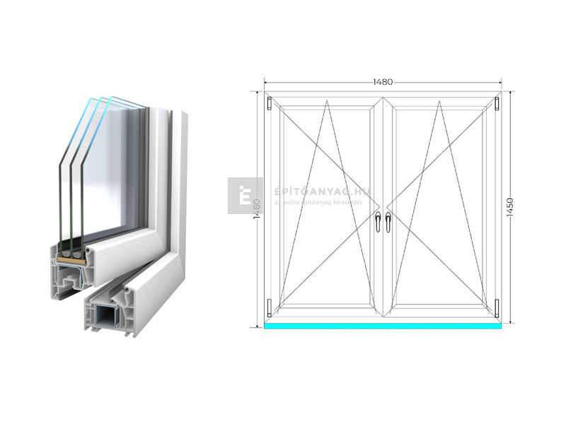 Königablak Veka 76 MD 3r üv BNY-BNY 150x150 cm fehér kétszárnyú tokosztott ablak