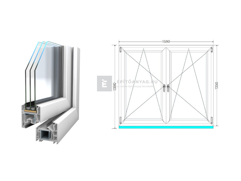 Königablak Veka 76 MD 3r üv BNY-BNY 160x140 cm fehér kétszárnyú tokosztott ablak