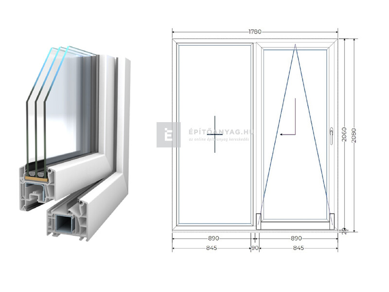 Königablak Veka 76 MD 3r üv T-B 180x210 cm jobb fehér erkélyajtó