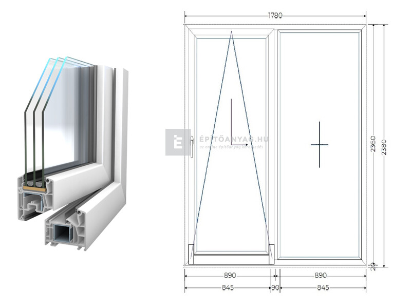 Königablak Veka 76 MD 3r üv T-B 180x240 cm bal fehér erkélyajtó