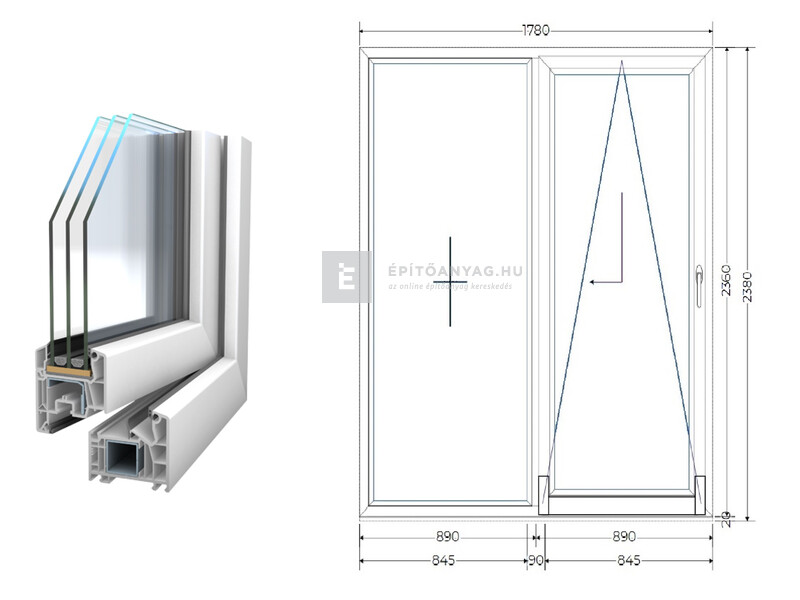 Königablak Veka 76 MD 3r üv T-B 180x240 cm jobb fehér erkélyajtó