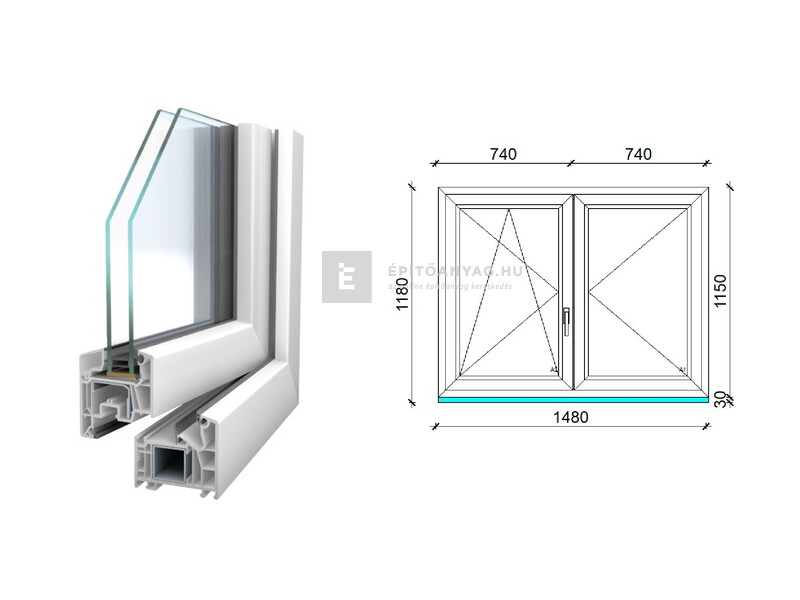 Königablak Veka 76 MD 2r üv NY-BNY 150x120 cm bal fehér kétszárnyú váltószárnyas ablak