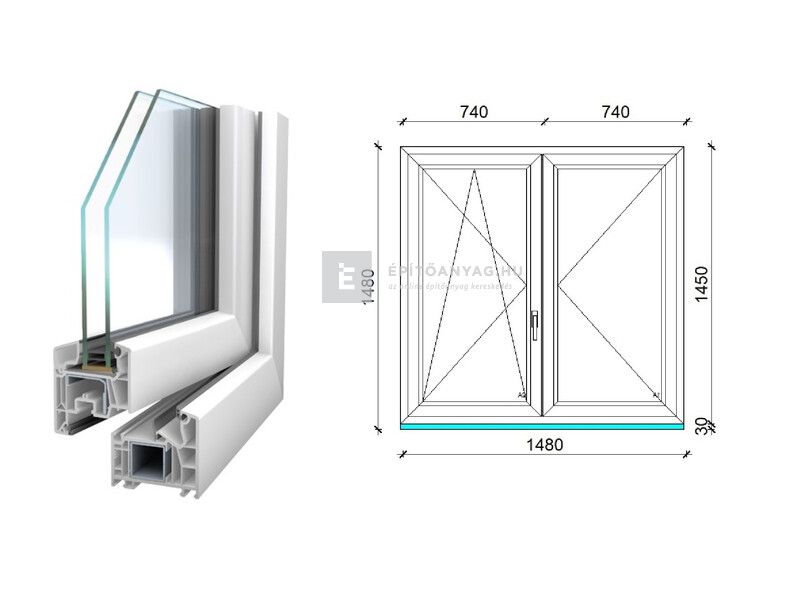 Königablak Veka 76 MD 2r üv NY-BNY 150x150 cm bal fehér kétszárnyú váltószárnyas ablak