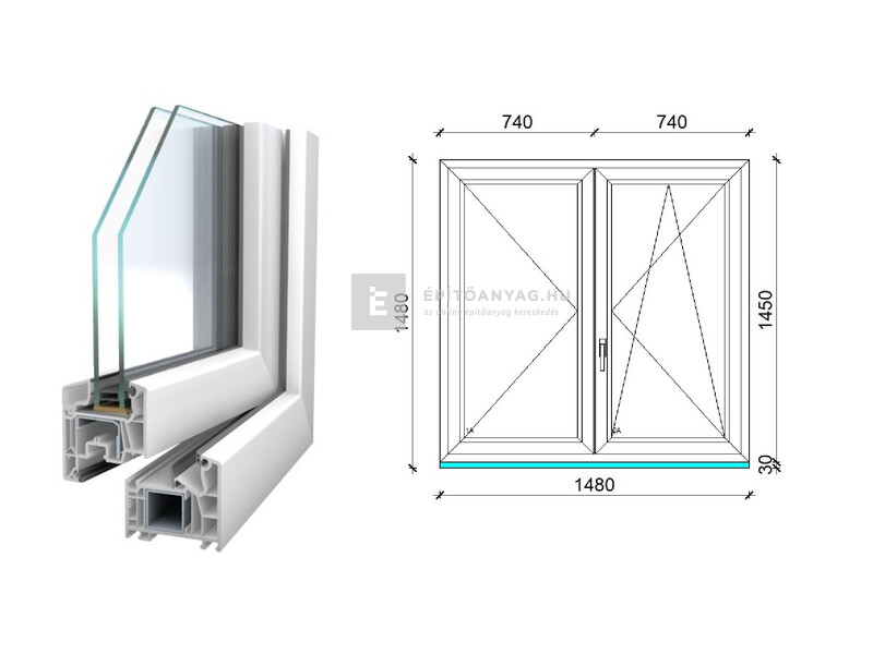 Königablak Veka 76 MD 2r üv NY-BNY 150x150 cm jobb fehér kétszárnyú váltószárnyas ablak