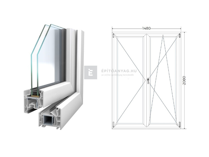 Königablak Veka 76 MD 2r üv NY-BNY 150x210 cm jobb fehér kétszárnyú váltószárnyas erkélyajtó