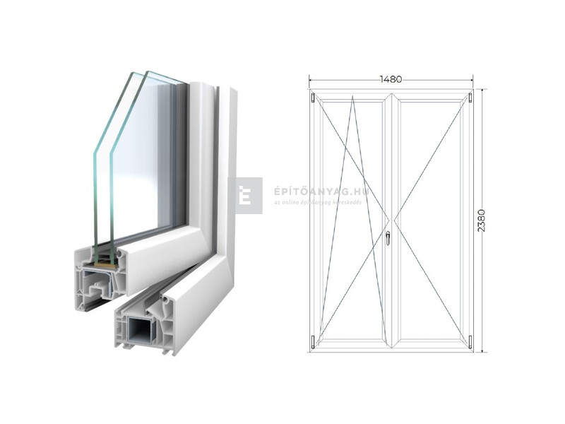 Königablak Veka 76 MD 2r üv NY-BNY 150x240 cm bal fehér kétszárnyú váltószárnyas erkélyajtó