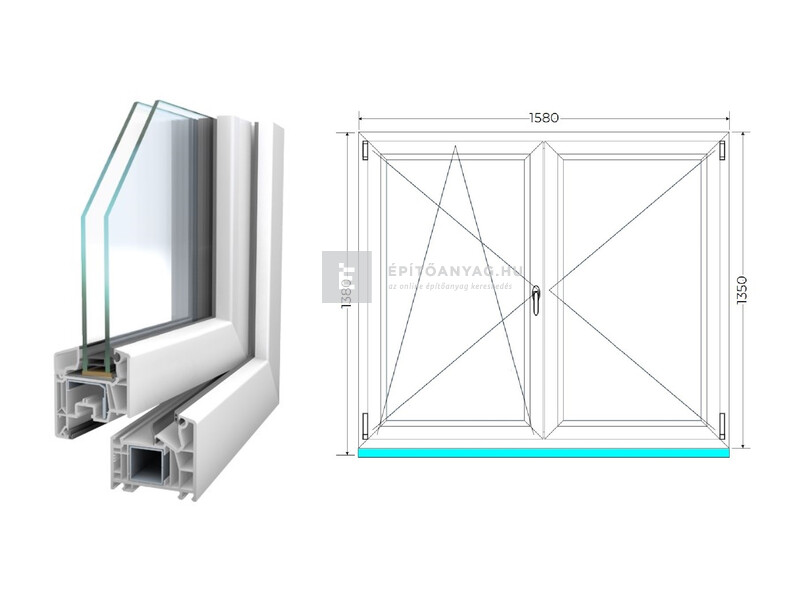 Königablak Veka 76 MD 2r üv NY-BNY 160x140 cm bal fehér kétszárnyú váltószárnyas ablak