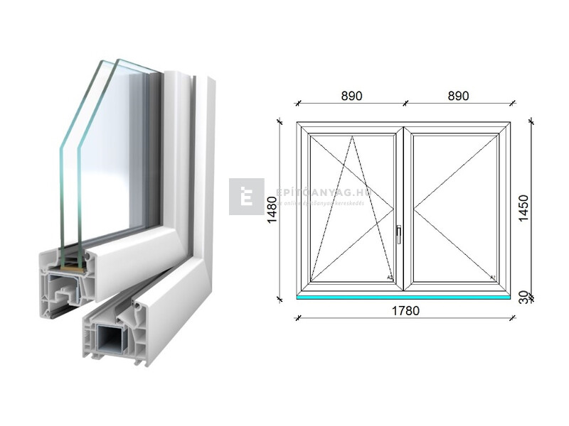 Königablak Veka 76 MD 2r üv NY-BNY 180x150 cm bal fehér kétszárnyú váltószárnyas ablak