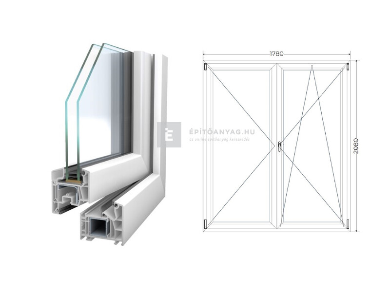 Königablak Veka 76 MD 2r üv NY-BNY 180x210 cm jobb fehér kétszárnyú váltószárnyas erkélyajtó