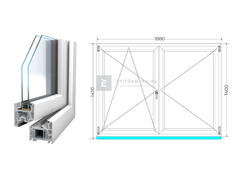 Königablak Veka 76 MD 2r üv NY-BNY 190x145 cm bal fehér kétszárnyú váltószárnyas ablak