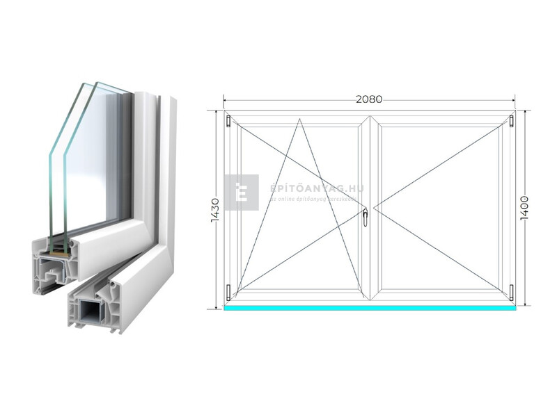 Königablak Veka 76 MD 2r üv NY-BNY 210x145 cm bal fehér kétszárnyú váltószárnyas ablak