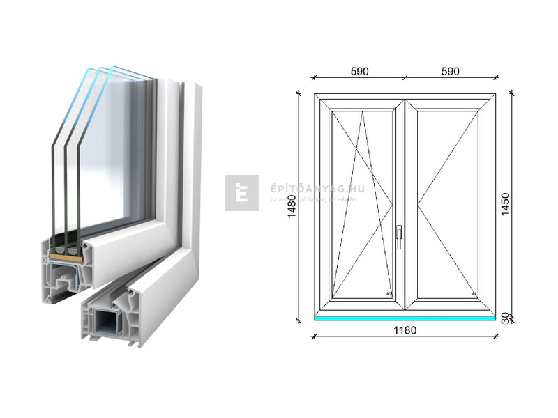 Königablak Veka 76 MD 3r üv NY-BNY 120x150 cm bal fehér kétszárnyú váltószárnyas ablak