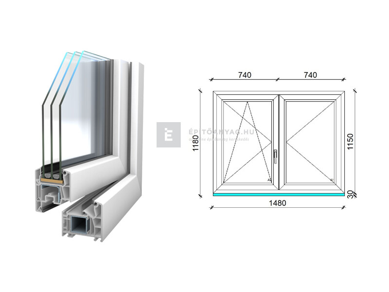 Königablak Veka 76 MD 3r üv NY-BNY 150x120 cm bal fehér kétszárnyú váltószárnyas ablak