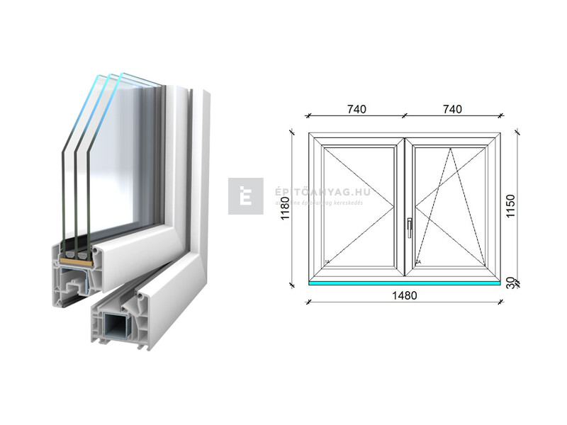 Königablak Veka 76 MD 3r üv NY-BNY 150x120 cm jobb fehér kétszárnyú váltószárnyas ablak