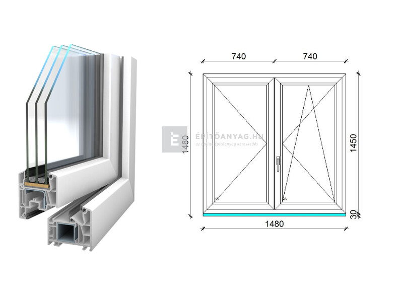 Königablak Veka 76 MD 3r üv NY-BNY 150x150 cm jobb fehér kétszárnyú váltószárnyas ablak