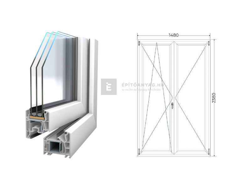 Königablak Veka 76 MD 3r üv NY-BNY 150x240 cm bal fehér kétszárnyú váltószárnyas erkélyajtó