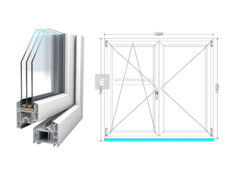 Königablak Veka 76 MD 3r üv NY-BNY 160x150 cm bal fehér kétszárnyú váltószárnyas ablak