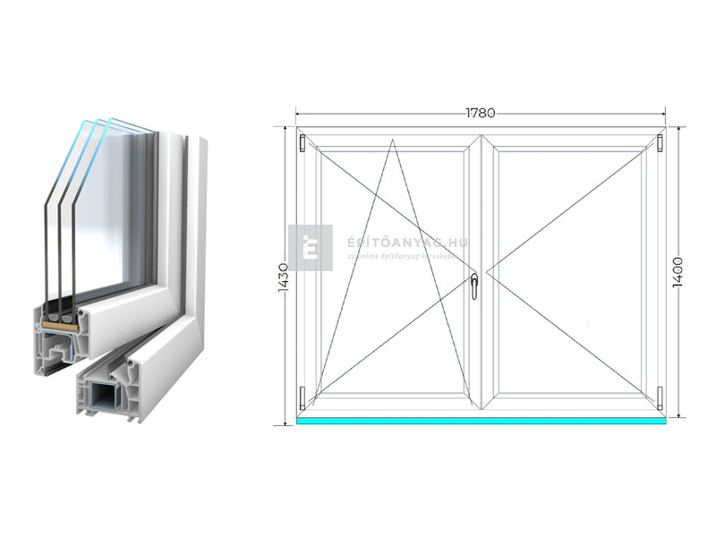 Königablak Veka 76 MD 3r üv NY-BNY 180x145 cm bal fehér kétszárnyú váltószárnyas ablak