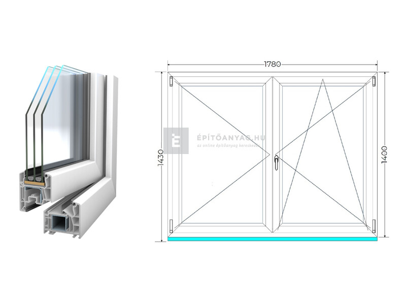 Königablak Veka 76 MD 3r üv NY-BNY 180x145 cm jobb fehér kétszárnyú váltószárnyas ablak