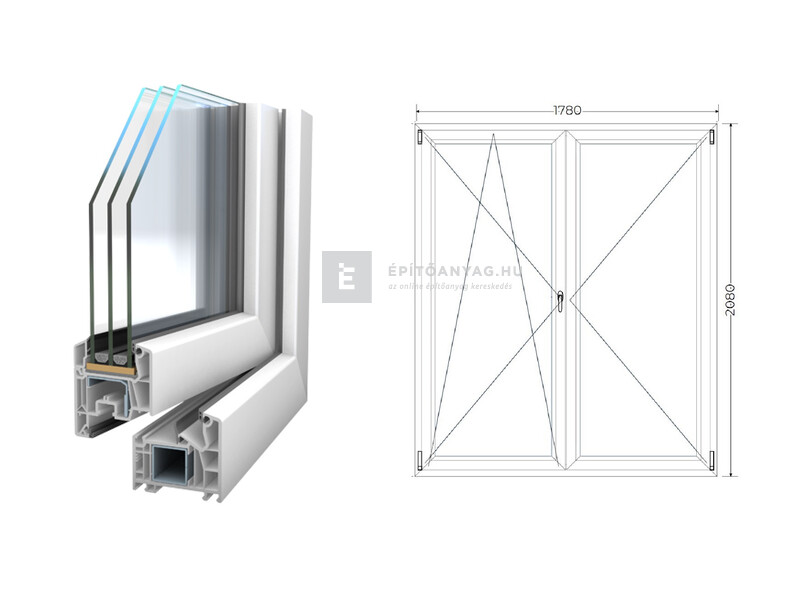 Königablak Veka 76 MD 3r üv NY-BNY 180x210 cm bal fehér kétszárnyú váltószárnyas erkélyajtó