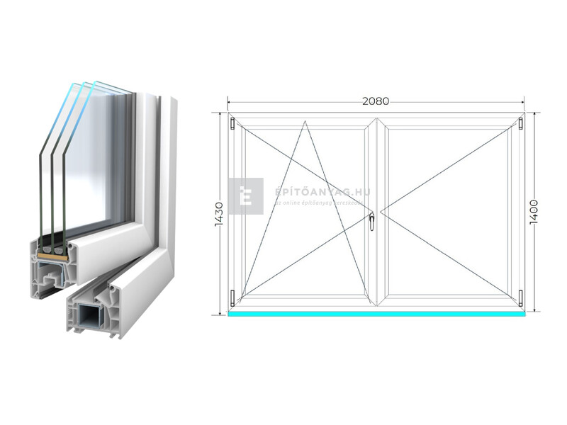 Königablak Veka 76 MD 3r üv NY-BNY 210x145 cm bal fehér kétszárnyú váltószárnyas ablak
