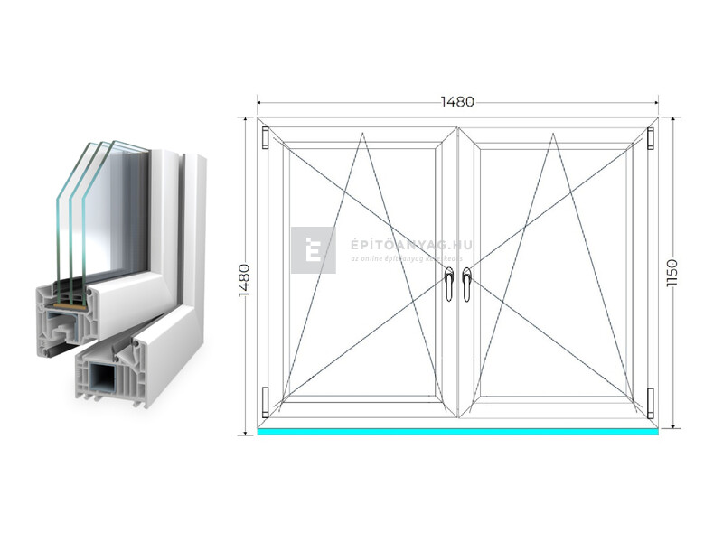 Königablak Veka 82 MD 3r üv BNY-BNY 150x120 cm fehér kétszárnyú tokosztott ablak