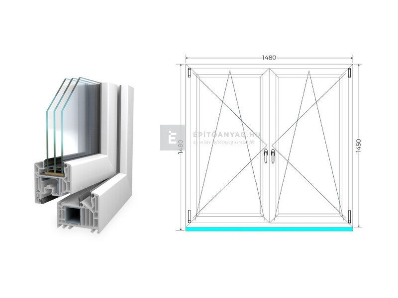 Königablak Veka 82 MD 3r üv BNY-BNY 150x150 cm fehér kétszárnyú tokosztott ablak