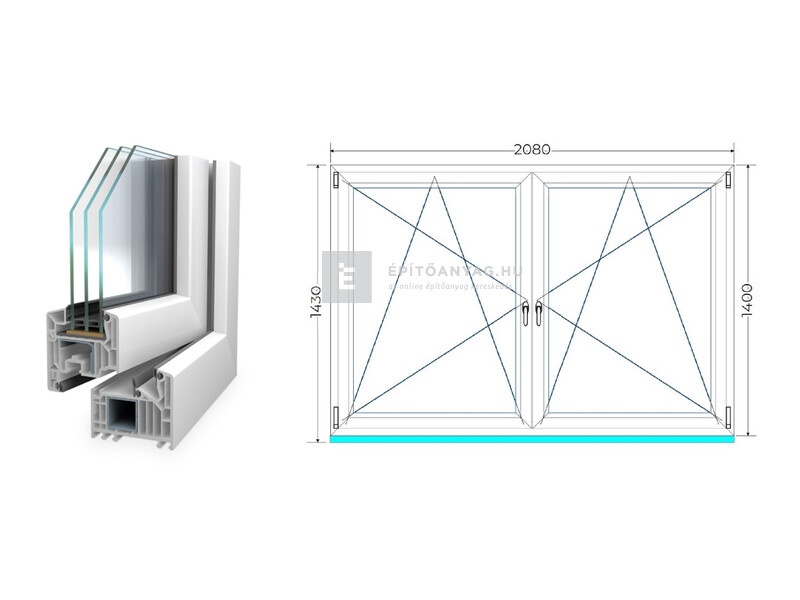 Königablak Veka 82 MD 3r üv BNY-BNY 210x145 cm fehér kétszárnyú tokosztott ablak