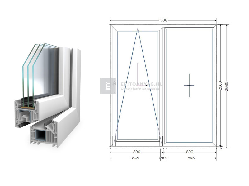 Königablak Veka 82 MD 3r üv T-B 180x210 cm bal fehér erkélyajtó