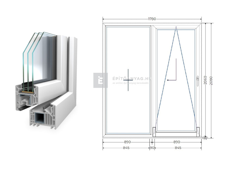 Königablak Veka 82 MD 3r üv T-B 180x210 cm jobb fehér erkélyajtó