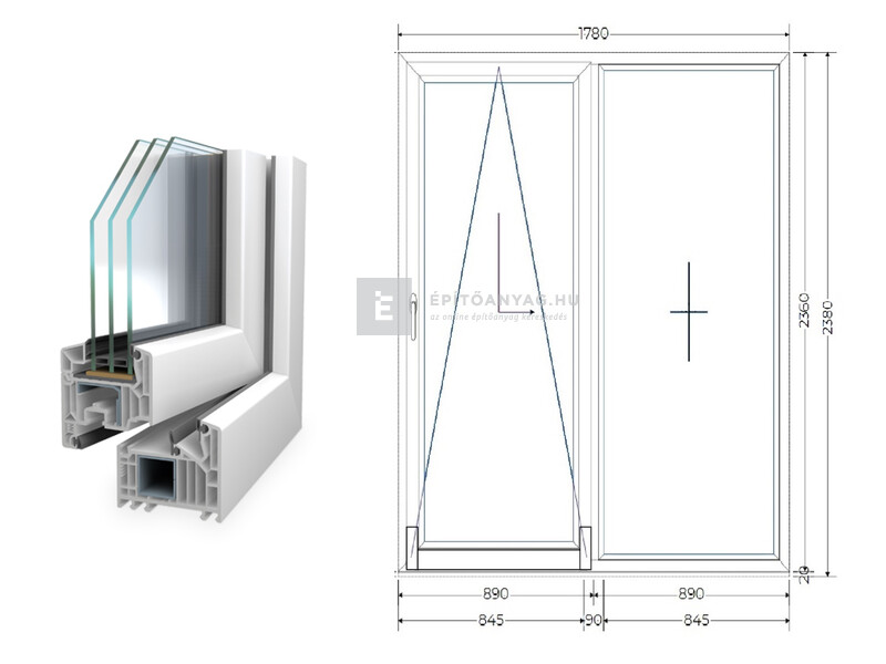 Königablak Veka 82 MD 3r üv T-B 180x240 cm bal fehér erkélyajtó