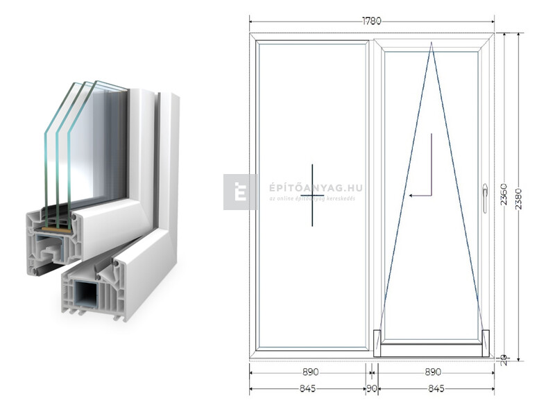 Königablak Veka 82 MD 3r üv T-B 180x240 cm jobb fehér erkélyajtó