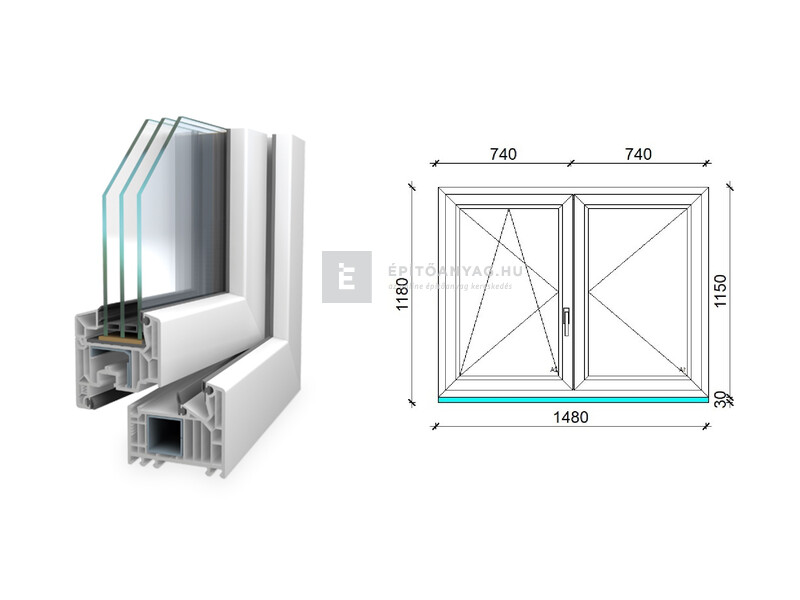 Königablak Veka 82 MD 3r üv NY-BNY 150x120 cm bal fehér kétszárnyú váltószárnyas ablak