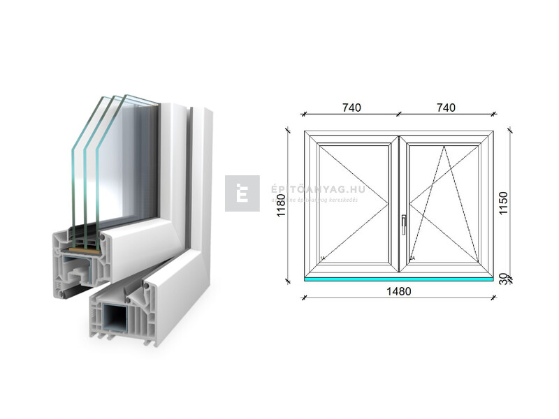 Königablak Veka 82 MD 3r üv NY-BNY 150x120 cm jobb fehér kétszárnyú váltószárnyas ablak