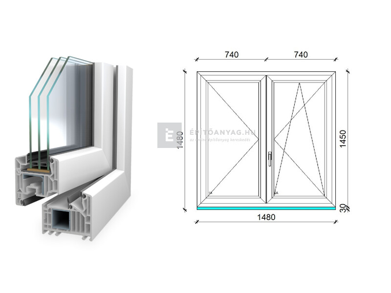 Königablak Veka 82 MD 3r üv NY-BNY 150x150 cm jobb fehér kétszárnyú váltószárnyas ablak