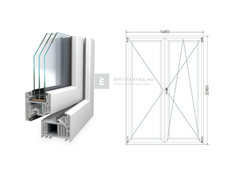 Königablak Veka 82 MD 3r üv NY-BNY 150x210 cm jobb fehér kétszárnyú váltószárnyas erkélyajtó