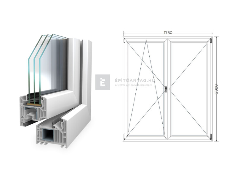 Königablak Veka 82 MD 3r üv NY-BNY 180x210 cm bal fehér kétszárnyú váltószárnyas erkélyajtó