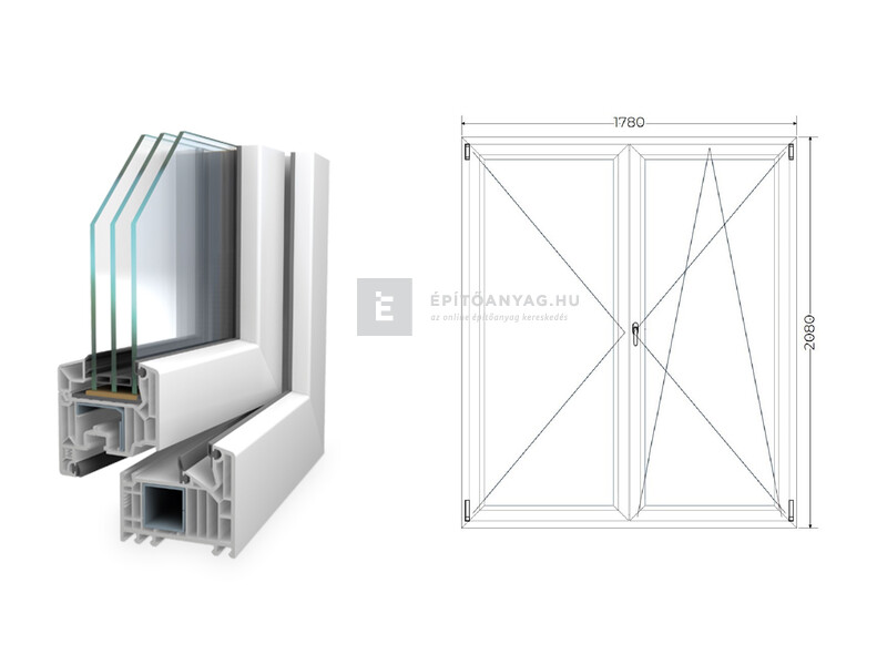 Königablak Veka 82 MD 3r üv NY-BNY 180x210 cm jobb fehér kétszárnyú váltószárnyas erkélyajtó