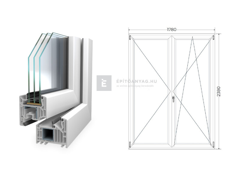 Königablak Veka 82 MD 3r üv NY-BNY 180x240 cm jobb fehér kétszárnyú váltószárnyas erkélyajtó