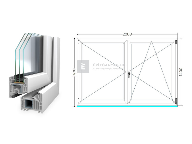 Königablak Veka 82 MD 3r üv NY-BNY 210x145 cm jobb fehér kétszárnyú váltószárnyas ablak