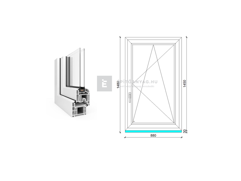 EkoSun 70 CL 2r üv BNY 90x150 cm jobb fehér egyszárnyú ablak