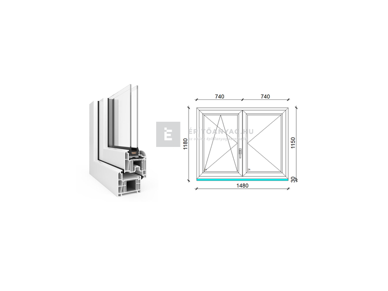 EkoSun 70 CL 2r üv NY-BNY 150x120 cm bal fehér kétszárnyú váltószárnyas ablak