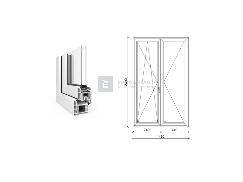 EkoSun 70 CL 2r üv NY-BNY 150x240 cm bal fehér kétszárnyú váltószárnyas erkélyajtó