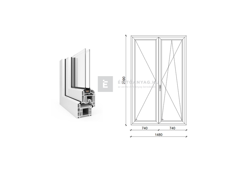EkoSun 70 CL 2r üv NY-BNY 150x240 cm jobb fehér kétszárnyú váltószárnyas erkélyajtó