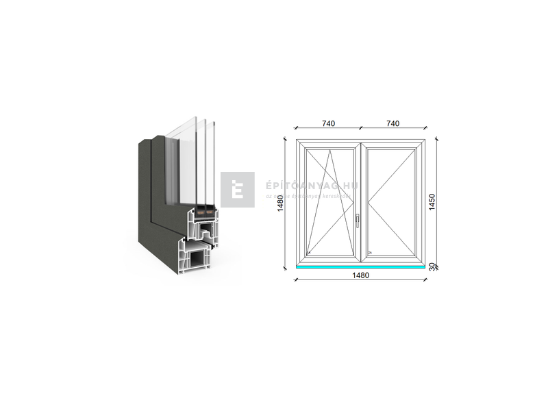 EkoSun 70 CL 3r üv NY-BNY 150x150 cm bal kívül antracit, belül fehér kétsz. váltószárnyas ablak