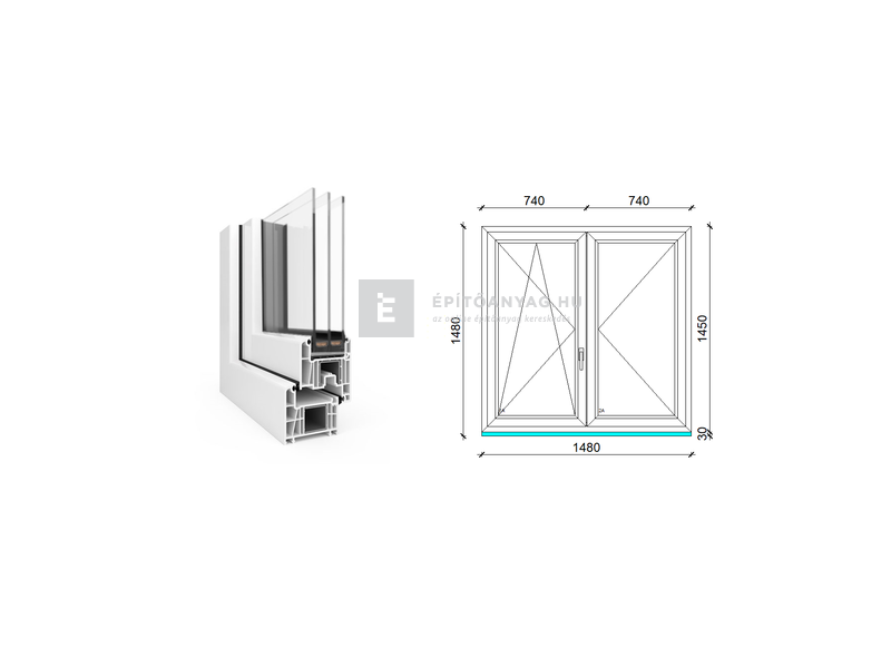 EkoSun 70 CL 3r üv NY-BNY 150x150 cm bal fehér kétszárnyú váltószárnyas ablak