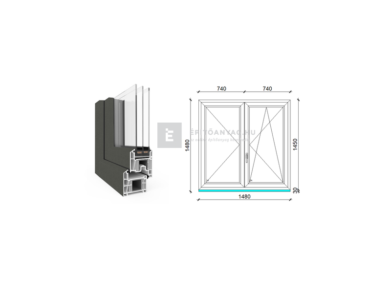 EkoSun 70 CL 3r üv NY-BNY 150x150 cm jobb kívül antracit, belül fehér kétsz. váltószárnyas ablak