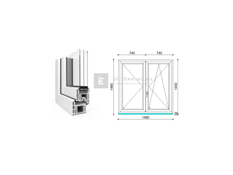 EkoSun 70 CL 3r üv NY-BNY 150x150 cm jobb fehér kétszárnyú váltószárnyas ablak