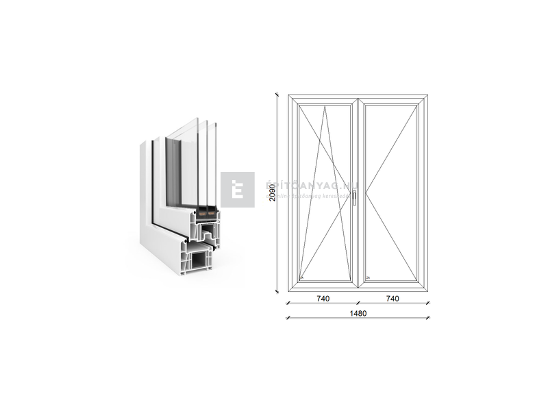 EkoSun 70 CL 3r üv NY-BNY 150x210 cm bal fehér kétszárnyú váltószárnyas erkélyajtó