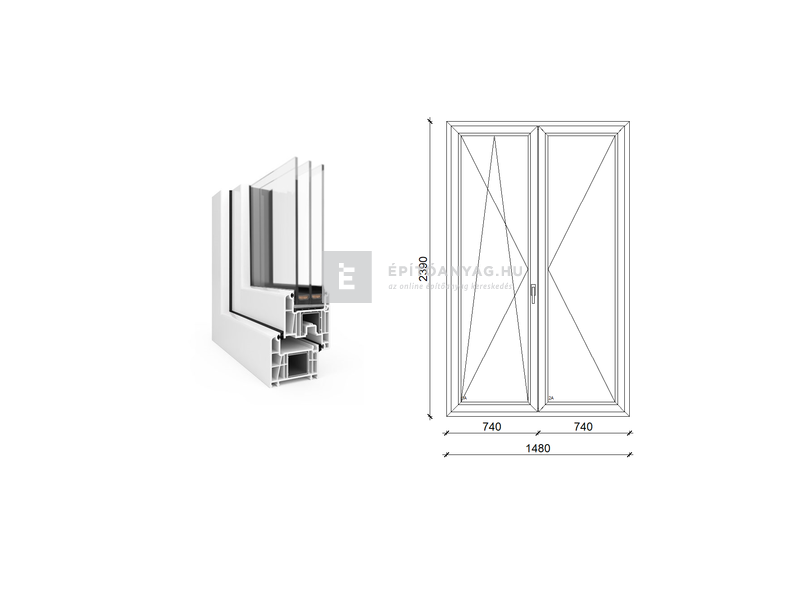EkoSun 70 CL 3r üv NY-BNY 150x240 cm bal fehér kétszárnyú váltószárnyas erkélyajtó